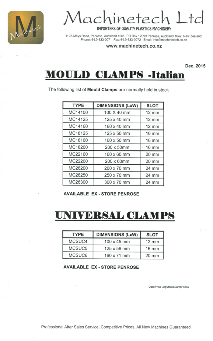 Price list for MOULD  CLAMPS 2-small